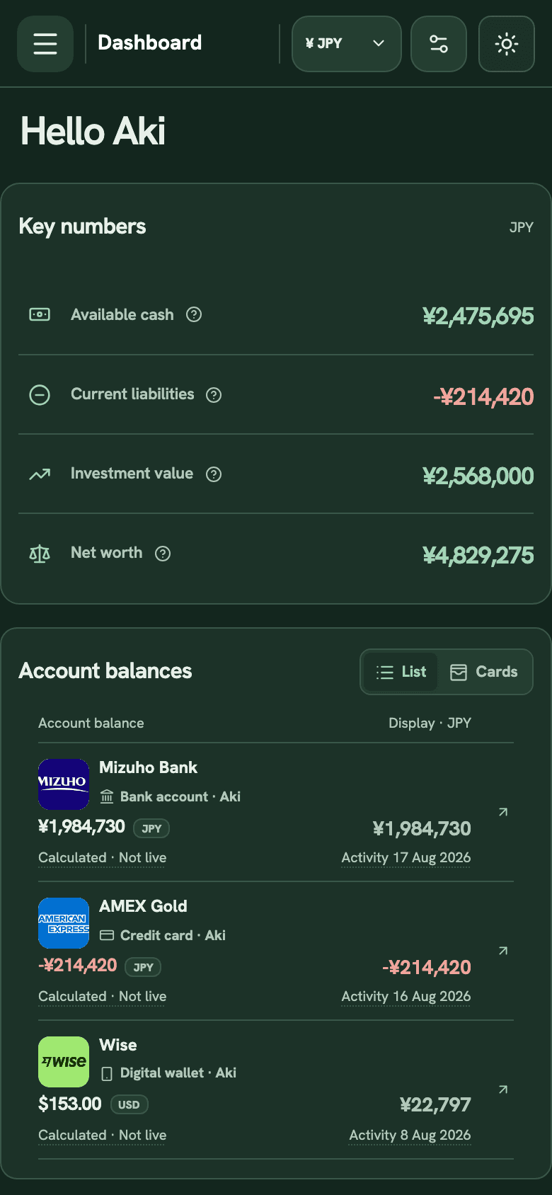 Michi mobile web dashboard with sample account balances and key numbers.